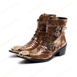Autumn Winter Men Shoes Genuine Leather Boots Fashion Metal Pointed Toe Boots Large Size Buckle Strap Boots