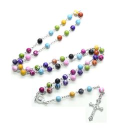 Hot sale Fashion Colorful beads 8mm beads cross necklace Virgin Mary Religious prayer supplies Best friend gifts