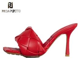 Prova Perfetto Mules Sexy Cross-criss Leather Square Toe High Heel Slippers Women Summer Celebrity Shoes Y200423