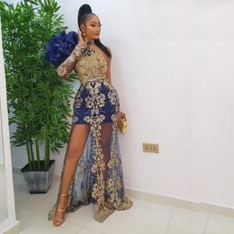 See Through Sexy Prom Dresses Mermaid One Shoulder Flowers Lace Appliques Illusion Aso Ebi Party Dress Gowns robe de soirée