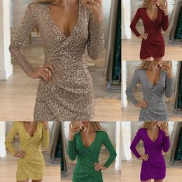 Hot Sale V Neck Sexy Cocktail Dresses Long Sleeves Sequined Mini Skirt Women Party Wear Special Occasion Gowns Cheap