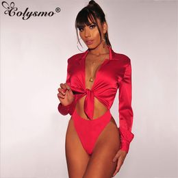 Colysmo Sexy Bodysuit Suit Long Sleeve Jumpsuit Bow Tie Lurex Satin Silk Bodysuit Women Romper Playsuit White Body Silky Blouse T200702