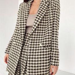 Office plaid shawl Collar women blazer autumn Elegant houndstooth high waist wrap skirt Za long sleeve suit 220302