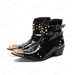 Winter Rivet Men Motorcycle Boots Mid Heel Black Buckle Genuine Leather Ankle Boots Club Party Cowboy Short Boots Big Size Botas