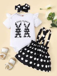 Baby Letter And Rabbit Print Bodysuit & Pinafore Skirt With Headband SHE