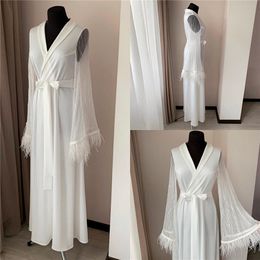 bridal white jacket night robe long sleeves lace feathers party sleepwear nightgowns with belt pregnant robes