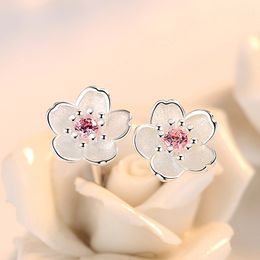 Silver 925 Stud Earrings Jewelry Sterling Cherry Blossom Inlaid Pink Zircon Ear Studs Simple and for Women