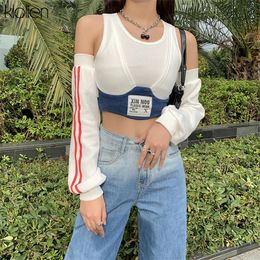 KLALIEN Spring Fashion Patchwork Women T-shirt Sexy Off Shoulder Rib Knitted Letter Slim Wild Streetwear Female Top 220214