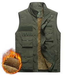 Thicken Fleece Waterproof Winter Vest Mens Multi Pockets Spring Autumn Waistcoat Photographer Mandarin Collar Sleeveless Jacket 201120