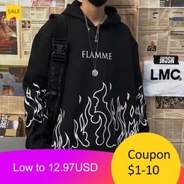 Flame Print Men Hoodies Winter Thick Hooded Hoodies Mens Harajuku Letter Tops Gothic Pullovers Casual Couple Sweatshirt 201103