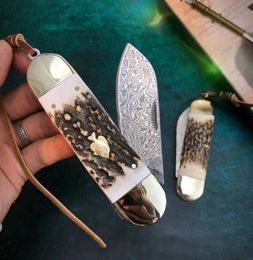 new arrival damascus edc pocket folding blade knives damascus steel drop point blade horn brass head handle with nylon bag