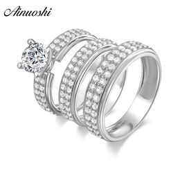 AINUOSHI 925 Sterling Silver Couple Wedding Engagement 4 Prongs Rings Set Round Cut Men Anniversary Lover Promise Ring Set Gift Y200106