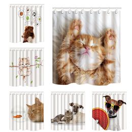 Home Decoration Bathroom Shower Curtains Polyester Fabric Funny Dog Cat Printing Bath Screens Waterproof Mildew Proof with Hooks T200711