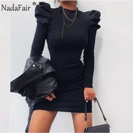Nadafair Puff Sleeve Party Dress Women Winter Long Sleeve O Neck Mini Rib Knitted Slim Wrap Sexy Bodycon Women Dress 2021 Y0118