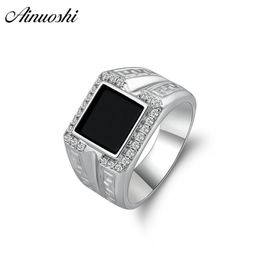 AINOUSHI 925 Sterling Silver Men Wedding Engagement Rings Black Princess Cut Male Silver Birthday Party Halo Ring Girls Jewelry Y200106