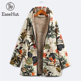 EaseHut 5XL Plus Size Women Spring Parkas Coats Vintage Floral Print Thin Fleece Winter Jacket Female Hooded Warm Streetwear 201217