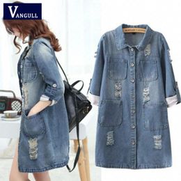 Vangull Big Size 4XL 5XL Women Denim Jacket Long Jeans Jacket Coat Casual Frayed Female Basic Jackets Outwear New Plus Size 201023