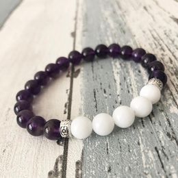 Tennis Purple Beaded Bracelet For Women 8mm Round Beads Elastic Mala Bracelets Stretch Amethysts & White Stone Boho Woman1