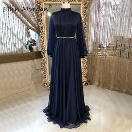 Navy Blue Chiffon Arabic Long Sleeves Evening Dresses Party Elegant for Women High Neck Real Photos Vintage Formal Gowns 2020 LJ201123