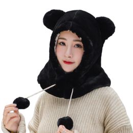 Fashion Winter Cute Bear Ears Warm Hat Windproof Neck Scarf Cap Unisex Student Women Solid Plus Plush Cashmere Caps