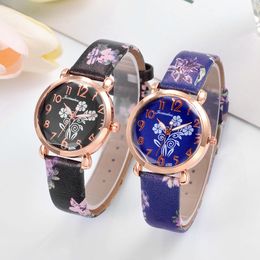 Fashion Flower Print design Wristwatch creative Leather band Unisex Student quartz watches Blossom Dial Women Casual Clock