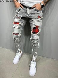 High Quality Beggar Patches Designer Ripped Jeans Men Destroyed Pencil Pants Hip Hop Patchwork