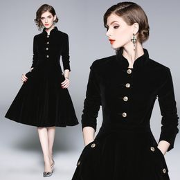 Stand collar velvet dress 201126