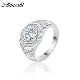 AINOUSHI Fashion 925 Sterling Silver Men Wedding Engagement Ring Halo Round Cut Male Silver Anniversary Party Ring Cute Jewellery Y200106