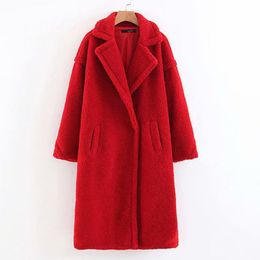 Fashion-Winter women's teddy jacket faux lamb fur coat shearling fluffy long overcoat female theken warm covered button outwear
