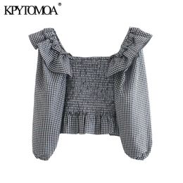 KPYTOMOA Women Fashion Elastic Smocked Ruffled Cropped Blouses Vintage Lantern Sleeve Plaid Female Shirts Blusas Chic Tops 201125