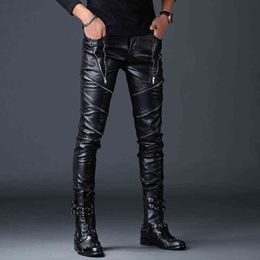men casual autumn winter warm skinny faux leather pants fake zippers cargo slim fit PU leather pant young spliced trousers male H1223