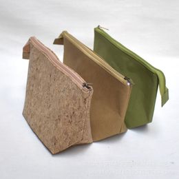 DHL50pcs Cosmetic Bags Women Kraft paper Plain Solid Cork Grain Zipper Storage Bag Mix Colour