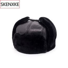 New Men 100% Natural Real Sheepskin Leather Bomber Hats Male Casual Winter Warm Sheepskin Leather Cap Hot Russia Adult Caps Y200110