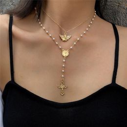 Vintage Little Angel Cross Pendant Necklace Women Fashion Multilayer Gold Chain Sweater Chain 2020 Jewellery Gift