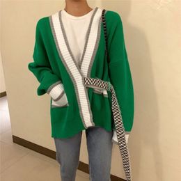 Women Autumn sweater single buttons patchwork V-neck sexy Green white loose long sleeve knitted Cardigans coat Korean casual LJ201017