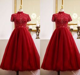 2021 Red Tea Length Evening Gowns Formal Dress Short Sleeves High Neck Lace Beaded Women Special Occasion Dress Party Prom Homecoming Dress