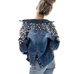 Pear Decor Short Denim Jacket Women Autumn Winter Long Sleeve Jeans Jacket Tops Korean Leisure Beads Joker Back Single Breasted 201210