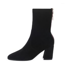 Women's Fashion Black Socks Boots Pointed Shoes Woman Elastic Boots Casual Square Root Mid-heel Stretch Fabric Short Booties1