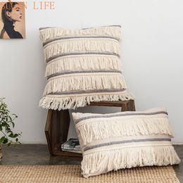 Beige Cushion Cover Tassels Fringe Grey Cotton Linen Embroidery 30x50cm/45x45cm Pillow Cover for Sofa Bed Chair Home Decorative 201123