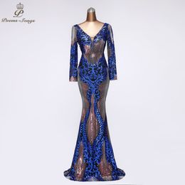 V Neck Sexy Sequin long sleeve Evening party robe soiree vestidos fiesta de noche 2020 prom women dress LJ201124