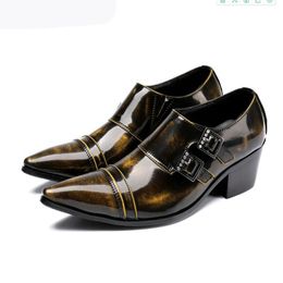 Classic Double Monk Belt Buckle Men Party Dress Shoes Genuine Leather Fashion Office Men Pointed Social High Heels