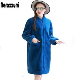 Nerazzurri Plus size fluffy faux fur jacket women zipper 5xl 6xl 7xl Oversized winter elegant black blue green cocoon fur coat 201212
