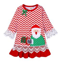 Christmas Girls Dresses Striped Baby Girl Dress Embroidered Lace Sleeve Princess Dresses Kids Clothes Xmas Baby Clothing BT4800