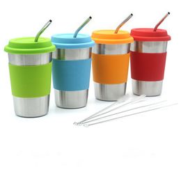 500ml 17oz Mugs Set 4 Tumblers With Silicone Sleeve/Lid and Straw/Brush Pack in 1 Box 1-Wall 304 Stainless steel Cup Wine Beer Coffee Water Glass