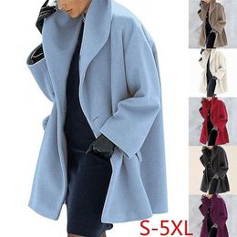 Winter Wool Blend Coat Women Fashion Shawl Collar Open Stitch Loose Coat Female Casual Solid Pocket Coat Jacket Office Lady 201216