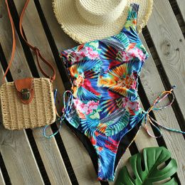 Sexy One Shoulder Swimwear 2020 New Printed One Piece Swimsuit Push Up Bathing Suit Beach wear Monokini S-XL T200708