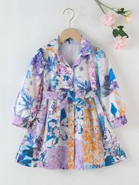 Toddler Girls Floral Print Bishop Sleeve Belted Shirt Dress SHE