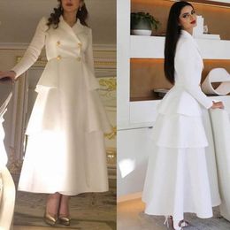 Setwell V-neck A-line Evening Dresses Long Sleeves Tiered Ankle Length Cheap White Outfit Prom Party Gowns