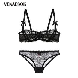 Embroidery Flowers Ultrathin Plus Size Bra Underwear Set White Transparent Women Lingerie Set Sexy Lace Bra Half Cup B C D Black Y200708