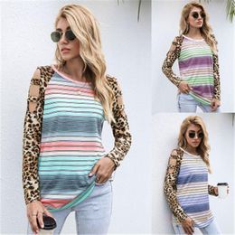 Women Leopard Gradient T-shirts Fashion Trend Striped Hollow Round Neck Long Sleeve Tee Designer Female Spring Loose Casual Strapless Tshirt